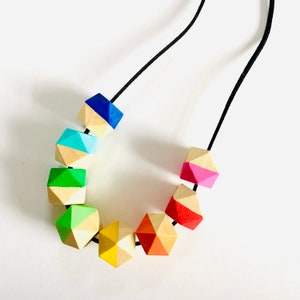 Bright rainbow wooden hexagon bead necklace