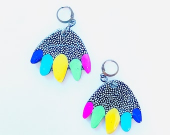 Colourful rainbow dot pattern squiggle shape earrings