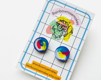 Colourful arty brush stroke pattern circle stud earrings