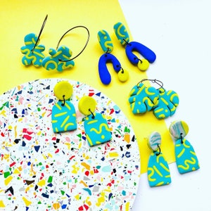 Statement bold blue & green earrings with squiggle pattern image 1