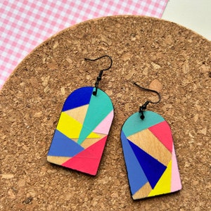 Colourful hand painted pattern wood earrings