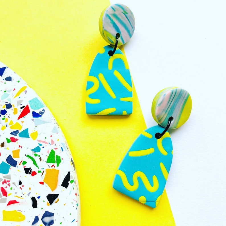 Statement bold blue & green earrings with squiggle pattern 2.