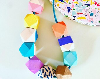 Colourful geometric hexagon wooden bead necklace