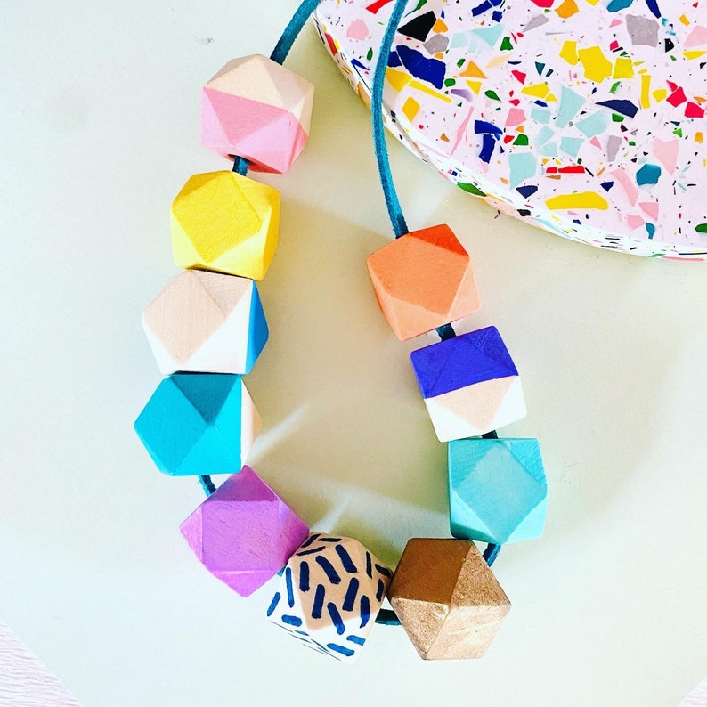 Colourful geometric hexagon wooden bead necklace image 1