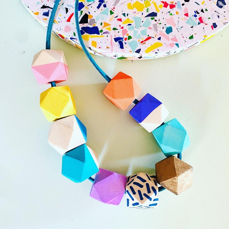 Colourful geometric hexagon wooden bead necklace image 3