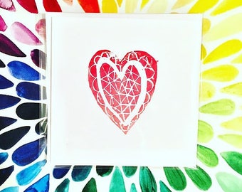 Unique linocut print card with geometric heart design available in different colours with personalised message