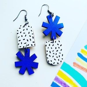 Bright blue and polka dot geometric shape earrings