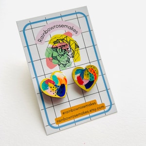 Colourful arty brush stroke pattern love heart stud earrings