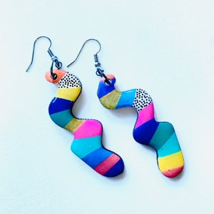 Colourful pastel rainbow polka pattern squiggle shape earrings