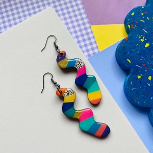 Rainbow & polka dot pattern wood earrings