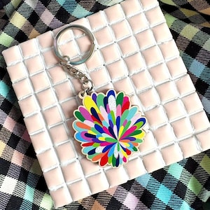 Bright rainbow burst design wooden keyring