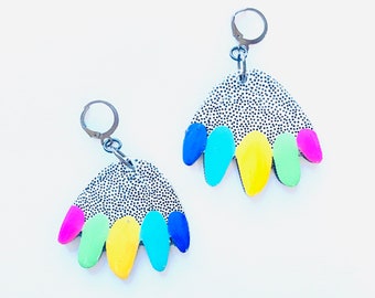 Colourful rainbow dot pattern squiggle shape earrings