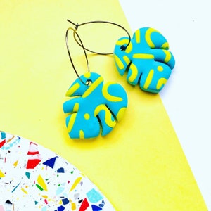 Statement bold blue & green earrings with squiggle pattern 4.
