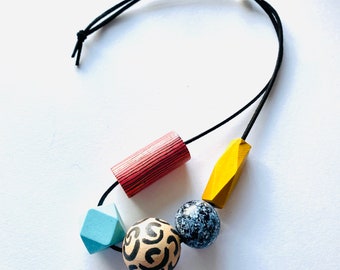 Geometric statement wooden bead long necklace