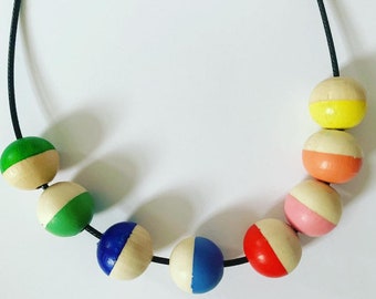 Bright rainbow colour wooden bead necklace