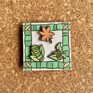 Bamboo, leaf shoot and maple leaf mini enamel pins