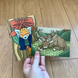 Weihnachten Hirsch und Roter Panda Postkarte Drucke