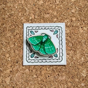 May include: A green wooden butterfly pin with a decorative border. The butterfly has a detailed design with a white outline.