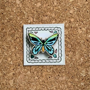 May include: A wooden butterfly pin with blue, green, and yellow wings. The pin is surrounded by a white frame with a black border and a decorative pattern.