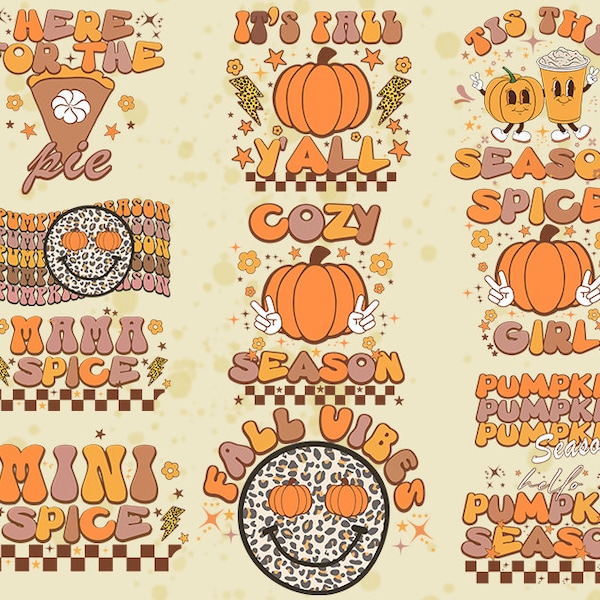 Retro Fall png bundle Autumn png Hello Fall Cozy Pumpkin Season Pie Spice Vibes Girl mama mini Thanksgiving png Smiley Sublimation