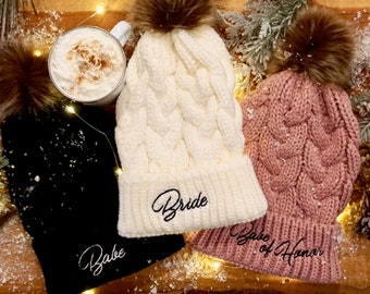 Embroidered Bachelorette Beanie with Faux Fur Pom - Bride, Babe, Babe of Honor