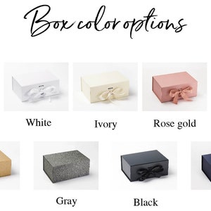 Box color chart: White, Ivory, rose gold, Kraft, Gray, Black, Navy
