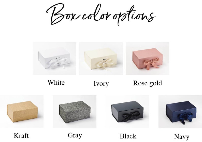 Box color chart: White, Ivory, rose gold, Kraft, Gray, Black, Navy