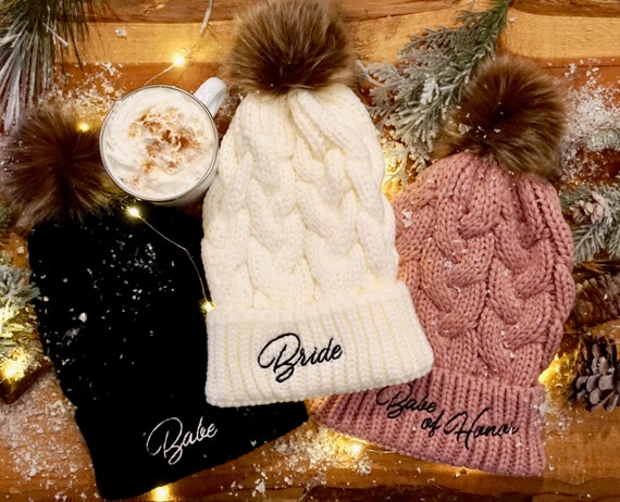 Bride and Babe Beanie Set with Tan Pom-Poms Bachelorette Bride main image 2