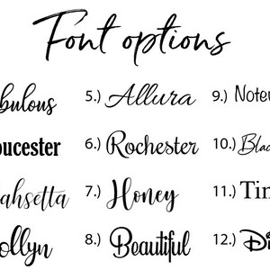 May include: A list of 12 different font options for a design project. The fonts are displayed in black text on a white background. The fonts include Fabulous, Gloucester, Mahsetta, Hollyn, Allura, Rochester, Honey, Beautiful, Noteworthy, Black Pen, Times, and Disney.