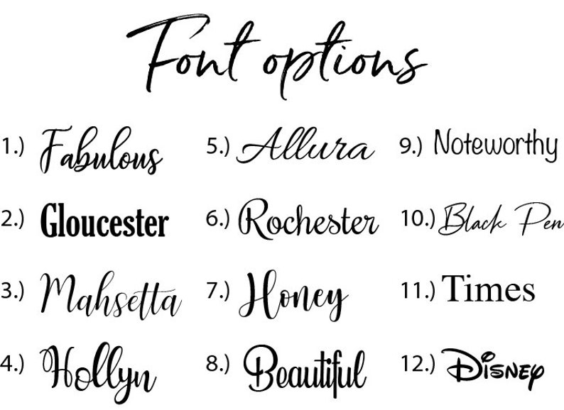 May include: A list of 12 different font options for a design project. The fonts are displayed in black text on a white background. The fonts include Fabulous, Gloucester, Mahsetta, Hollyn, Allura, Rochester, Honey, Beautiful, Noteworthy, Black Pen, Times, and Disney.