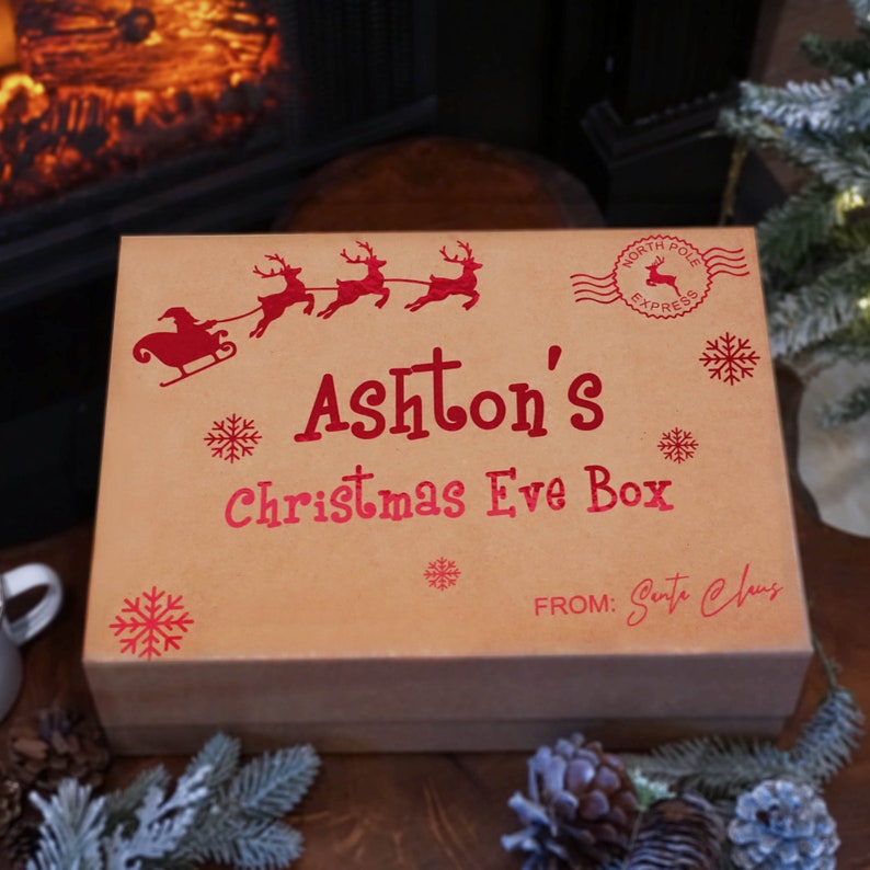 Kraft foldable magnetic luxury quality Santa box with name. Kids north pole express package from Santa.