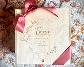 Personalized Baby Keepsake Box: Engraved Floral Wooden Memory Box