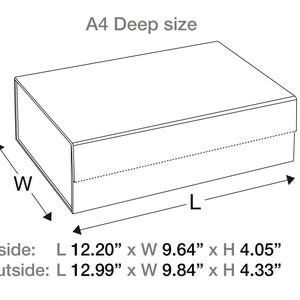 May include: A line drawing of a box labeled "A4 Deep size". The box has dimensions labeled "L", "W", and "H". Inside dimensions are 12.20" x 9.64" x 4.05". Outside dimensions are 12.99" x 9.84" x 4.33".