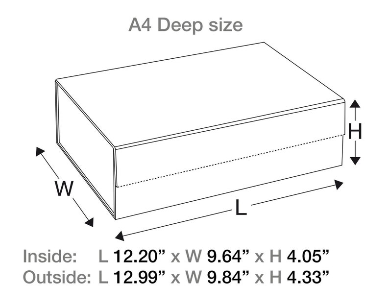 May include: A line drawing of a box labeled "A4 Deep size". The box has dimensions labeled "L", "W", and "H". Inside dimensions are 12.20" x 9.64" x 4.05". Outside dimensions are 12.99" x 9.84" x 4.33".