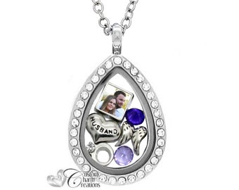Memorial Tear Drop Locket Set: Husband Remembrance Necklace, Photo Charm