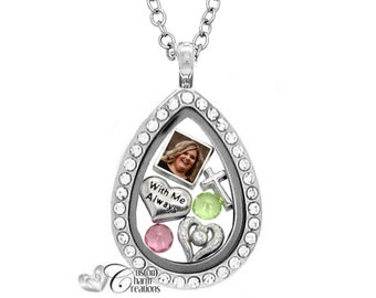 Memorial Tear Drop Floating Locket Set • Personalized • Picture Charm • Remembrance Necklace • Sympathy Gift -SET270
