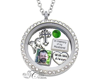 Memorial Floating Locket Necklace • Personalized Photo Charm, Husband Remembrance