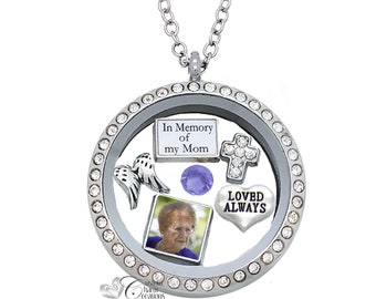 In Memory of Mom Floating Locket • Personalized Memorial Charm Set