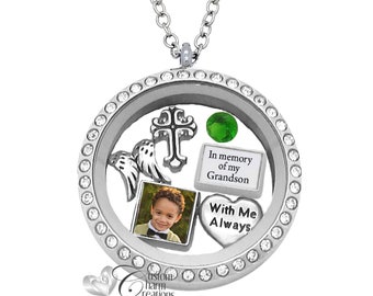 Memorial Floating Locket Necklace: Grandson Remembrance, Personalized Photo Charm