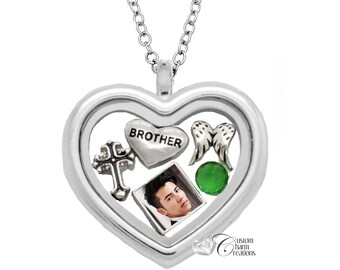 In Memory of Brother Heart Locket: Personalized Photo Charm Necklace