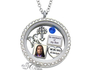 Memorial Floating Locket Necklace • In Memory of Son, Photo Charm