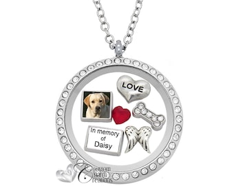 Pet Memorial Jewelry • Floating Locket • In Memory of My Dog • Customized Picture & Name Charm • Remembrance Necklace - SET449