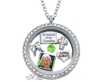 Memorial Floating Locket Set: Grandma Remembrance Necklace with Picture Charm