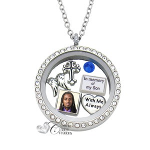Collar con medallón flotante conmemorativo • En memoria del hijo, dije con foto