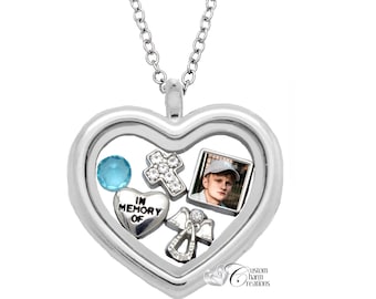 Memorial Heart Floating Locket & Charm Set • Personalized Picture Charm • Remembrance Necklace • Sympathy Gift  - SET307