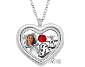 Memorial Heart Locket Necklace with Photo Charm & Birthstones