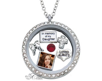 Memorial Floating Locket Set: In Memory of Daughter, Picture Charm