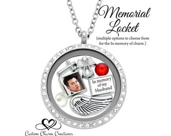 Memorial Floating Locket Necklace & Charm Set • Sympathy Gift • Personalized Picture • Mom Dad Husband Son Daughter Grandma Grandpa SET205