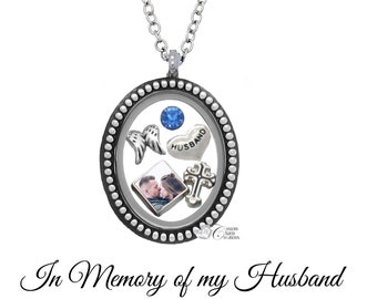 Memorial Floating Locket Set: Husband Remembrance Necklace with Photo Charm