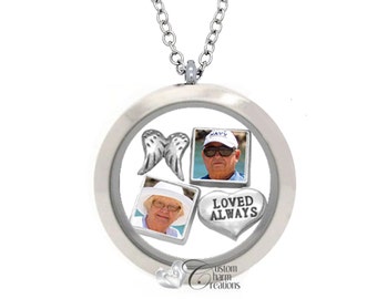 Memorial Necklace • Loved Always • Two Personalized Picture Charms • Remembrance Locket • Sympathy Gift - SET637